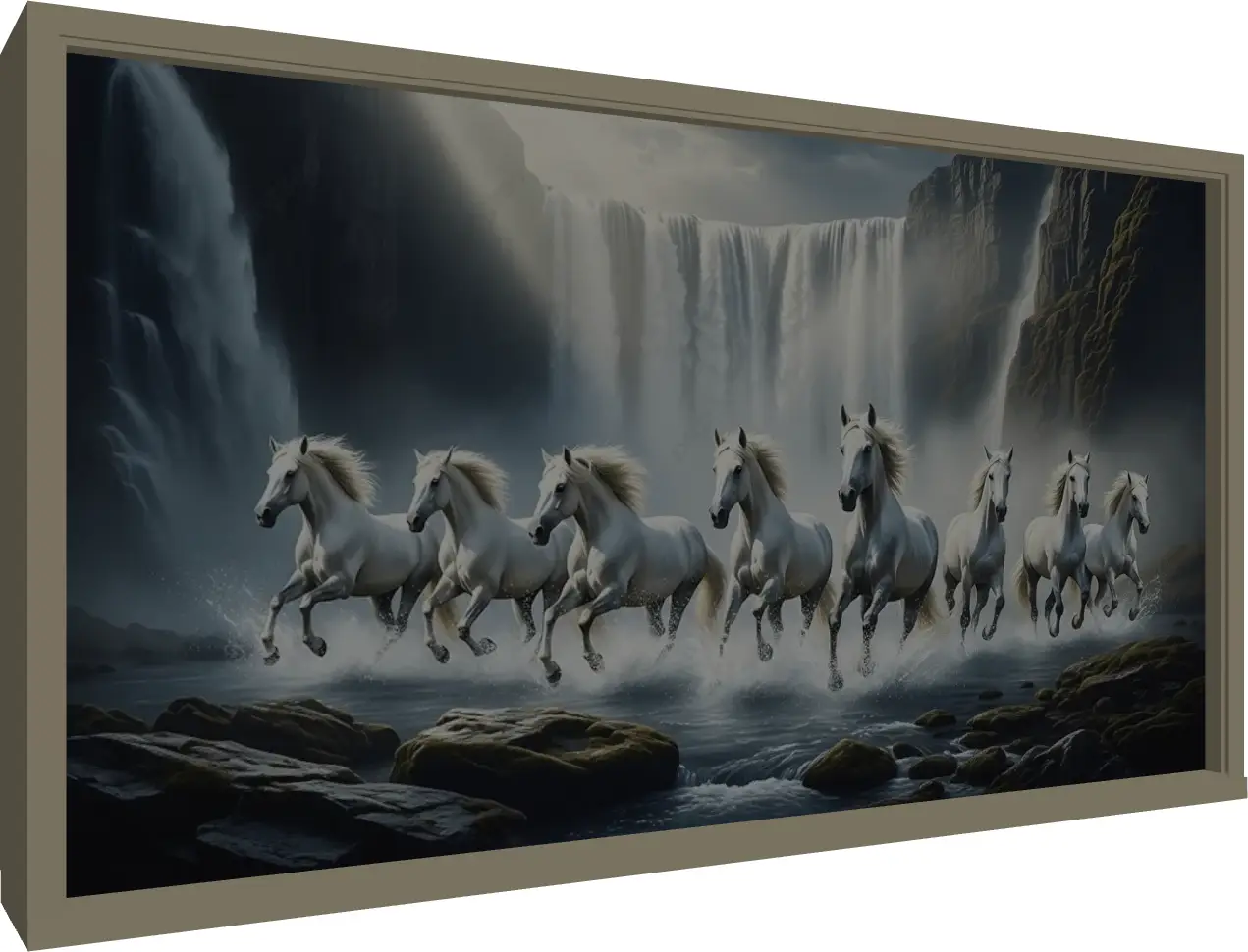 Seven White Horses Galloping Through Waterfall — floater frame preview | PrintPosters.in